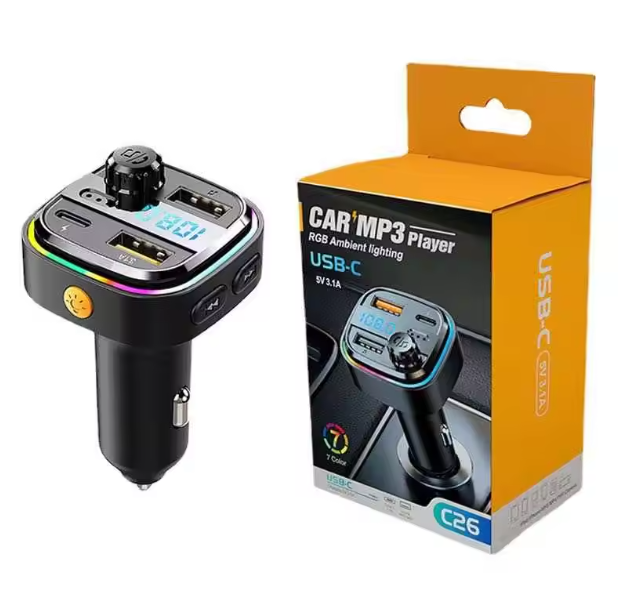 C26 Dual USB Car Charger Fast Charging BT5.0 Type C Fast Charging Hands-Free Fm Transmitter Car Charger with Digital Display