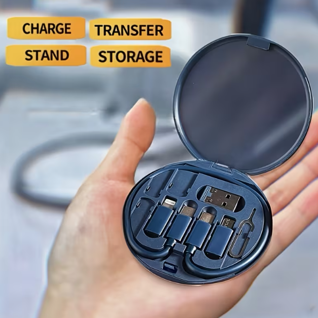 9-in-1 Multi-Function PD Fast Charging Cable Set, USB-C Fast Charger + Data Cable Storage Box, Fully Compatible (Android/for iPhone/iPad), OTG Converter + Foldable Cable + SIM Ejector Pin, Durable Charger Kit, Mini and Portable, Essential Accessory