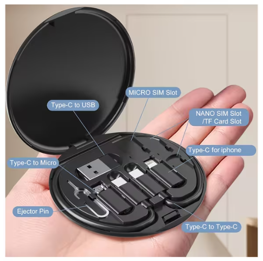 9-in-1 Multi-Function PD Fast Charging Cable Set, USB-C Fast Charger + Data Cable Storage Box, Fully Compatible (Android/for iPhone/iPad), OTG Converter + Foldable Cable + SIM Ejector Pin, Durable Charger Kit, Mini and Portable, Essential Accessory
