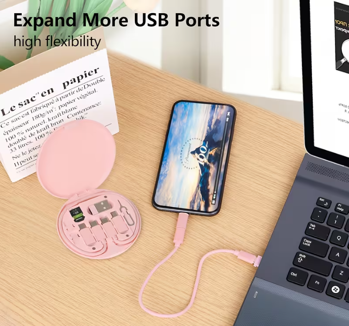 9-in-1 Multi-Function PD Fast Charging Cable Set, USB-C Fast Charger + Data Cable Storage Box, Fully Compatible (Android/for iPhone/iPad), OTG Converter + Foldable Cable + SIM Ejector Pin, Durable Charger Kit, Mini and Portable, Essential Accessory