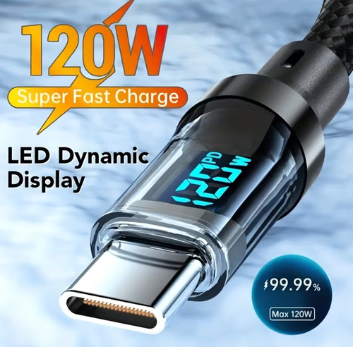 120W ultra-fast charging USB A to Type-C cable with LED digital display, matte surface, data synchronization, USB power transfer, 6A high current, compatible for iPhone 15/16, Xiaomi, POCO for Samsung.