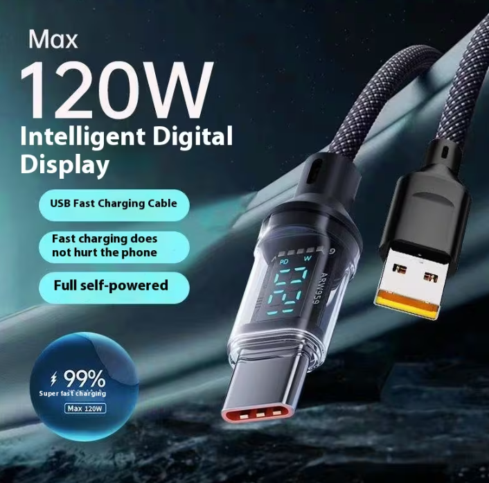 120W ultra-fast charging USB A to Type-C cable with LED digital display, matte surface, data synchronization, USB power transfer, 6A high current, compatible for iPhone 15/16, Xiaomi, POCO for Samsung.