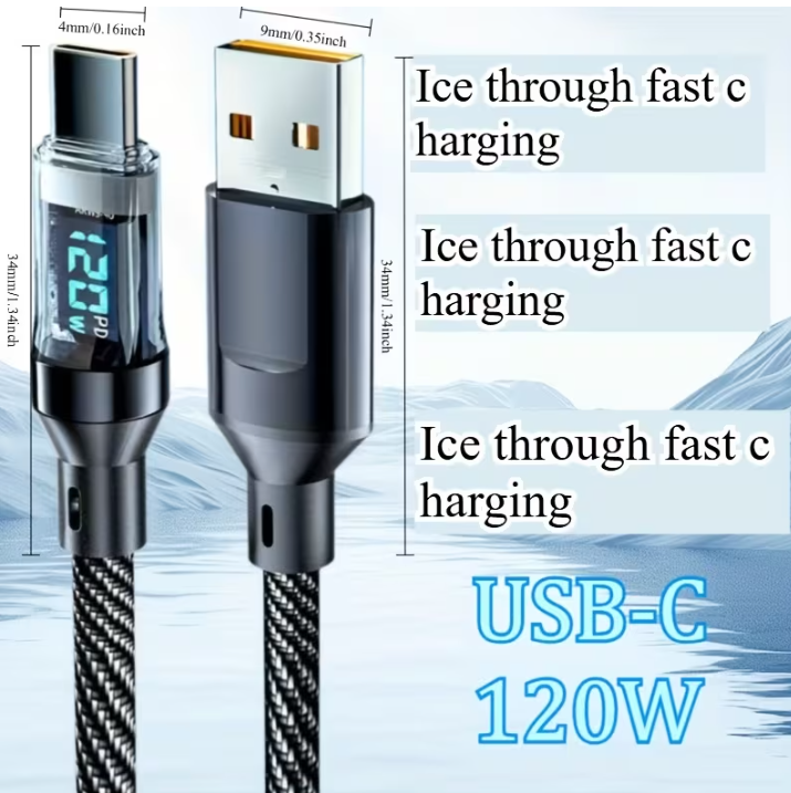 120W ultra-fast charging USB A to Type-C cable with LED digital display, matte surface, data synchronization, USB power transfer, 6A high current, compatible for iPhone 15/16, Xiaomi, POCO for Samsung.