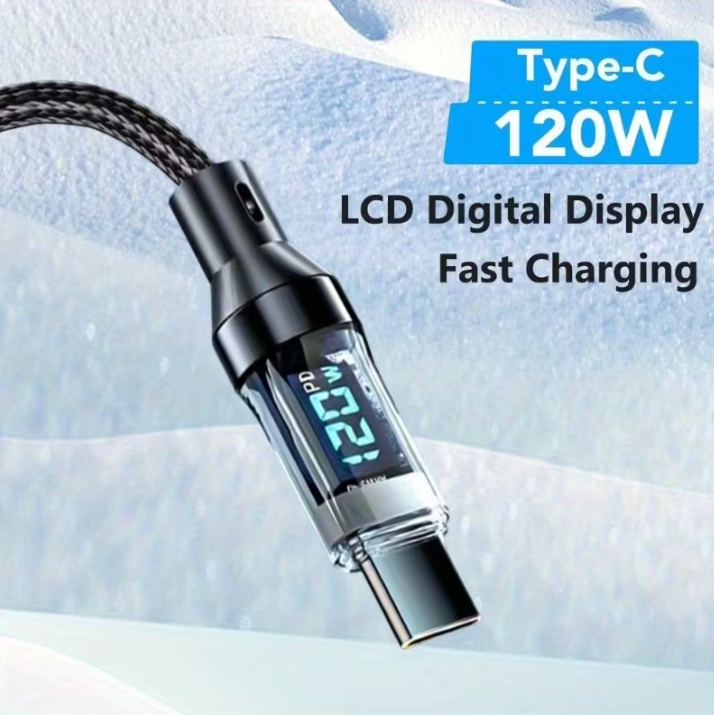 120W ultra-fast charging USB A to Type-C cable with LED digital display, matte surface, data synchronization, USB power transfer, 6A high current, compatible for iPhone 15/16, Xiaomi, POCO for Samsung.