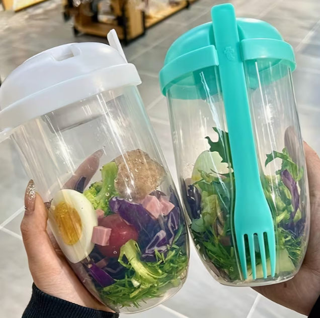 Breakfast Salad Cup Mason Jar with Spoon Lid, Yogurt Cup, Portable Milk Container with Fork, Healthy Lunch Salad Container Cup with Lid