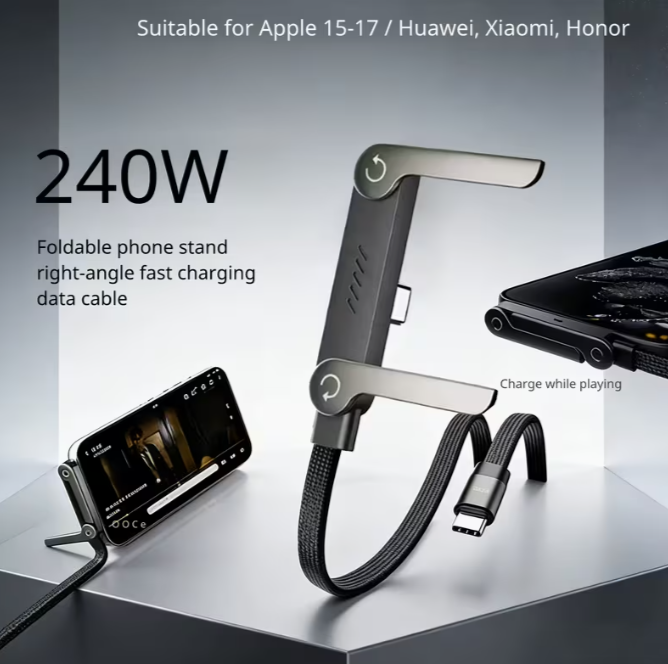 240W USB C Fast Charging Cable with Foldable Phone Stand, 360° Elbow Nylon Braided Type C Cord for Gaming, Compatible with Android Iphone, Samsung, Macbook, Laptop, Ipad Pro