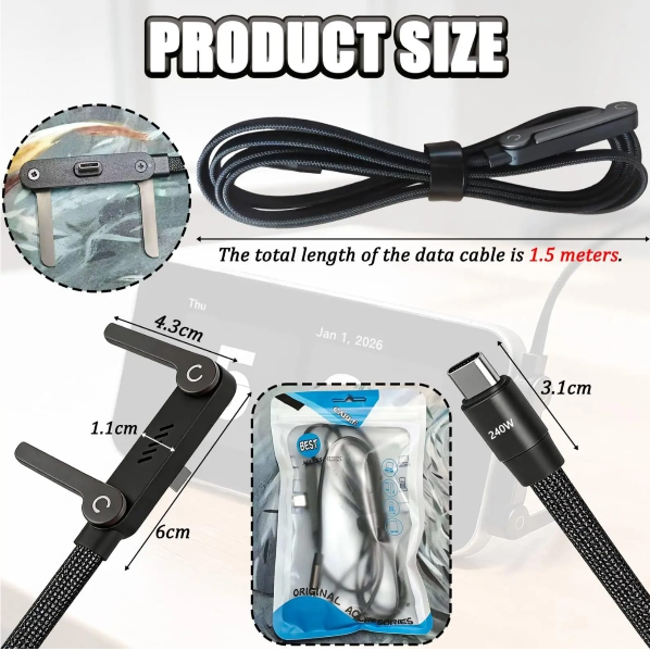 240W USB C Fast Charging Cable with Foldable Phone Stand, 360° Elbow Nylon Braided Type C Cord for Gaming, Compatible with Android Iphone, Samsung, Macbook, Laptop, Ipad Pro