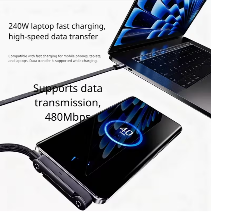240W USB C Fast Charging Cable with Foldable Phone Stand, 360° Elbow Nylon Braided Type C Cord for Gaming, Compatible with Android Iphone, Samsung, Macbook, Laptop, Ipad Pro