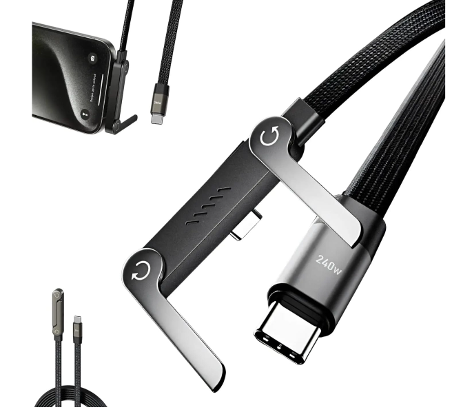 240W USB C Fast Charging Cable with Foldable Phone Stand, 360° Elbow Nylon Braided Type C Cord for Gaming, Compatible with Android Iphone, Samsung, Macbook, Laptop, Ipad Pro