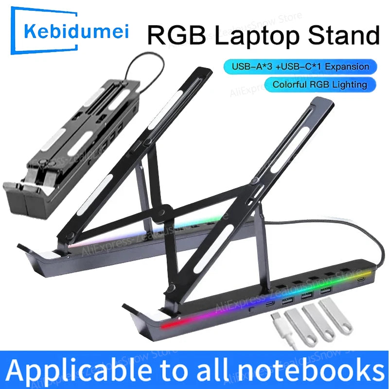 Foldable Laptop Stand 4IN1 USB RGB Stand Portable Notebook Bracket Support Base Aluminum Alloy Holder For Macbook PC Accessories