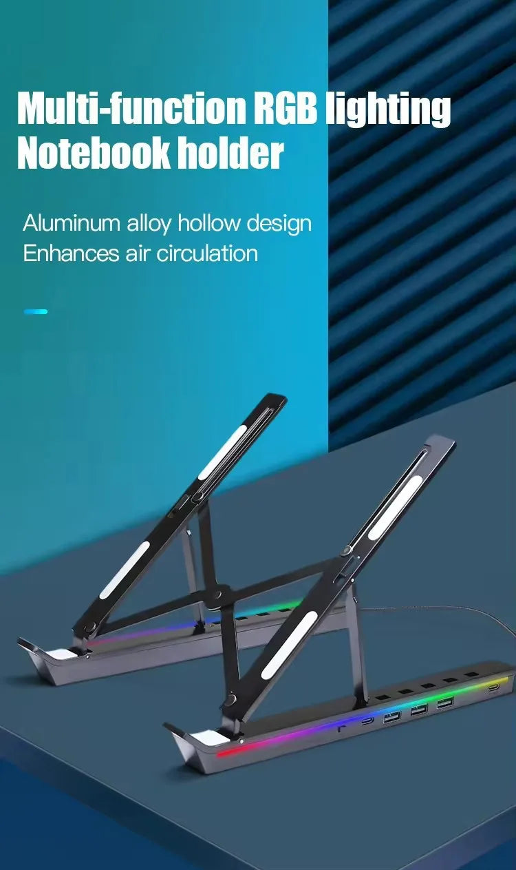 Foldable Laptop Stand 4IN1 USB RGB Stand Portable Notebook Bracket Support Base Aluminum Alloy Holder For Macbook PC Accessories